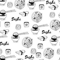 sömlös mönster klotter sushi stil bakgrund för dekor asiatisk mat restaurang vektor