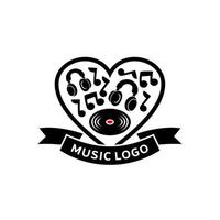 kärlek musik logotyp. musik logotyp mall använder sig av hörlurar och vinyl vektor