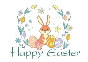 Frohe Ostern Vektor buntes Symbol-Logo mit einem Cartoon-Osterhasen und Eiern isoliert auf weißem Hintergrund.