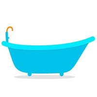 Bad und Badewanne Vektor-Illustration mit Wasserhahn isoliert auf weißem Hintergrund. entspannendes badezimmerinterieur vektor