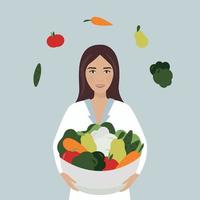 dietist begrepp. vektor tecknad serie Söt ung kvinna med grönsaker och frukt skål. diet planerare. näring terapi med friska mat.