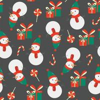 Vektornahtloses Muster von Doodle-Schneemännern. bunte Schneemänner auf dunklem Hintergrund. zuckerstangen, geschenkboxen, weihnachtssymbolkonzept vektor
