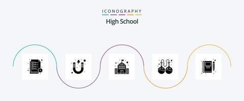 High School Glyph 5 Icon Pack inklusive Stift. Buchen. lernen. Forschung. Flasche vektor