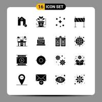 solides Glyphenpaket mit 16 universellen Symbolen für Bildung, Straße, Galaxie, Hindernis, Gebäude, editierbare Vektordesign-Elemente