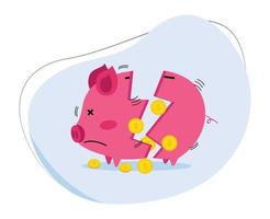 zerbrochene Sparschweine und überall verstreute Goldmünzen. das Sparschwein kaputt. kaputte sparschweinillustration vektor