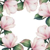 hand dragen vattenfärg ram av rosa magnolia blommor, isolerat illustration på en vit bakgrund vektor