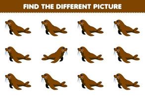 Lernspiel für Kinder Finden Sie das unterschiedliche Bild des niedlichen Cartoon-Walrosses zum Ausdrucken unter Wasser Arbeitsblatt vektor