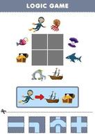 Lernspiel für Kinder Logikpuzzle Baue die Straße für Taucher, bewege dich zur Schatztruhe und zum Schiffswrack, druckbares Unterwasserarbeitsblatt vektor