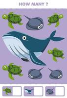 utbildning spel för barn sökande och räkning på vilket sätt många bilder av söt tecknad serie sköldpadda val stingrocka tryckbar under vattnet kalkylblad vektor
