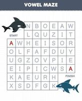 utbildning spel för barn vokal labyrint hjälp söt tecknad serie späckhuggare flytta till haj tryckbar under vattnet kalkylblad vektor
