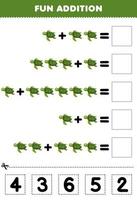Lernspiel für Kinder, lustiges Hinzufügen durch Ausschneiden und Anpassen der richtigen Nummer für ein druckbares Unterwasser-Arbeitsblatt für niedliche Cartoon-Schildkröten vektor