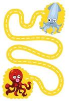 Erziehungsspiel für Kinder Handschriftübung Verfolgen Sie die Linien Helfen Sie dem niedlichen Cartoon-Oktopus, sich zum druckbaren Unterwasser-Arbeitsblatt für Tintenfische zu bewegen vektor