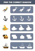 Bildungsspiel für Kinder Finden Sie die richtige Schattensilhouette des niedlichen Cartoon-Taucher-Anker-U-Boot-Schatztruhe-Schiffswracks druckbares Unterwasser-Arbeitsblatt
