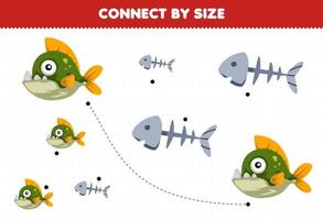 pedagogisk spel för barn ansluta förbi de storlek av söt tecknad serie piranha och fisk ben tryckbar under vattnet kalkylblad vektor