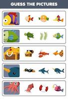 Lernspiel für Kinder Erraten Sie die richtigen Bilder von niedlichen Cartoon-Fischen Schatzkiste Narwal Tintenfisch druckbares Unterwasser-Arbeitsblatt vektor