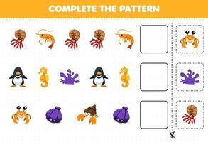 utbildning spel för barn skära och komplett de mönster av varje rad från en söt tecknad serie räka pingvin sjöhäst korall eremit krabba skal kalkylblad vektor