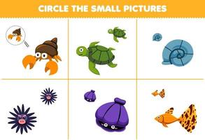 utbildning spel för barn cirkel de små bild av söt tecknad serie eremit krabba sköldpadda skal kråka fisk tryckbar under vattnet kalkylblad vektor