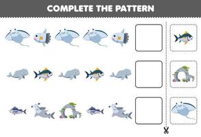 Lernspiel für Kinder Schneiden und vervollständigen Sie das Muster jeder Reihe aus einem niedlichen Cartoon-Manta-Sonnenfisch-Beluga-Fisch-Hammerhai-Arbeitsblatt vektor
