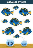 utbildning spel för barn ordna förbi storlek stor eller små sätta den i de fisk skål av söt tecknad serie blå fisk tryckbar under vattnet kalkylblad vektor