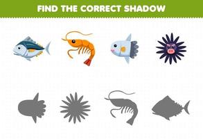 Bildungsspiel für Kinder Finden Sie das richtige Schattenset aus niedlichem Cartoon-Fischgarnelen-Mondfischigel druckbares Unterwasser-Arbeitsblatt vektor