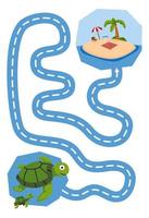 Erziehungsspiel für Kinder Handschriftübung Verfolgen Sie die Linien Helfen Sie der niedlichen Cartoon-Schildkröte, sich zum Strand zu bewegen druckbares Unterwasser-Arbeitsblatt vektor