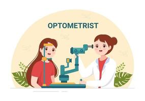 optiker med ögonläkare checkar patient syn, optisk öga testa och glasögon teknologi i platt tecknad serie hand dragen mallar illustration vektor
