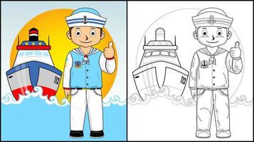 Malbuch eines jungen Cartoons in Matrosenuniform mit einem Boot vektor