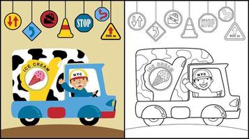 Malbuch von Eisverkäufer-LKW mit lächelndem Fahrer und Verkehrszeichen vektor