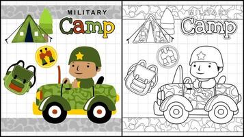 färg bok av soldat tecknad serie på militär fordon, militär element illustration vektor