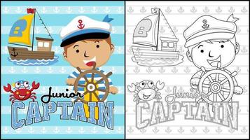 färg bok av tecknad serie pojke i sjöman kostym innehav styrning hjul med krabba och segelbåt vektor