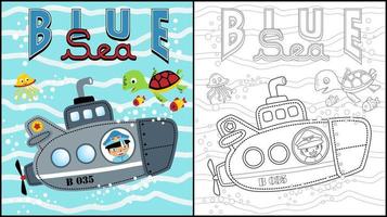 Malbuch des Cartoons des kleinen Jungen im U-Boot mit Meerestieren vektor