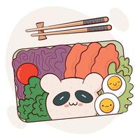 dra rolig söt bento låda Hem matlagning hämtmat måltid förberedelse vektor illustration. japansk asiatisk traditionell mat, matlagning, meny begrepp. klotter tecknad serie stil