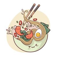 Zeichnen Sie lustige kawaii Ramen-Suppe in einer Schüssel-Vektor-Illustration. japanisches asiatisches traditionelles essen, kochen, menükonzept. Doodle-Cartoon-Stil. vektor