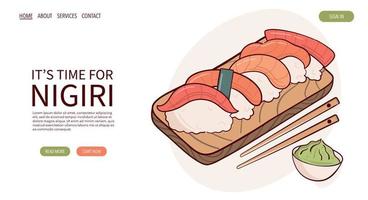 Webseite zeichnen Nigiri-Sushi-Rollen-Vektorillustration. japanisches asiatisches traditionelles essen, kochen, menükonzept. Banner, Website, Werbung im Doodle-Cartoon-Stil.. vektor