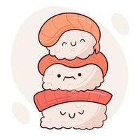 Zeichnen Sie lustige Kawaii-Nigiri-Sushi-Vektorillustration. japanisches asiatisches traditionelles essen, kochen, menükonzept. Doodle-Cartoon-Stil. vektor