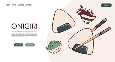 webseite zeichnen japanische onigiri-reisbällchen mit nori-vektorillustration. japanisches asiatisches essen, kochen, menükonzept. Banner, Website, Werbung im Doodle-Cartoon-Stil.. vektor