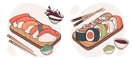 Zeichnen Sie Nigiri-Sushi-Rollenvektorillustration. japanisches asiatisches traditionelles essen, kochen, menükonzept. Doodle-Cartoon-Stil. vektor