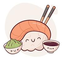 Zeichnen Sie lustige Kawaii-Nigiri-Sushi-Vektorillustration. japanisches asiatisches traditionelles essen, kochen, menükonzept. Doodle-Cartoon-Stil. vektor