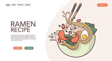 Webseite zeichnen Ramen-Suppe in einer Schüssel-Vektor-Illustration. japanisches asiatisches traditionelles essen, kochen, menükonzept. Banner, Website, Werbung im Doodle-Cartoon-Stil.. vektor