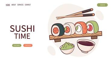 webb sida dra nigiri sushi rulla vektor illustration. japansk asiatisk traditionell mat, matlagning, meny begrepp. baner, hemsida, reklam i klotter tecknad serie stil..