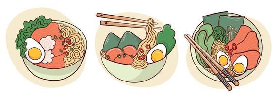 Ramen-Suppe in einer Schüssel-Vektor-Illustration zeichnen. japanisches asiatisches traditionelles essen, kochen, menükonzept. Doodle-Cartoon-Stil. vektor