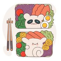 Zeichnen Sie lustige kawaii Bento-Box Hausmannskost zum Mitnehmen Essenszubereitung Vektor-Illustration. japanisches asiatisches traditionelles essen, kochen, menükonzept. Doodle-Cartoon-Stil vektor