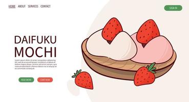 webb sida dra japan tradition ljuv mochi daifuku vektor illustration. japansk asiatisk traditionell mat, matlagning, meny begrepp. baner, hemsida, reklam i klotter tecknad serie stil.