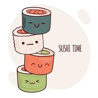 dra rolig söt sushi rulla vektor illustration. japansk asiatisk traditionell mat, matlagning, meny begrepp. klotter tecknad serie stil.