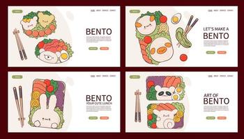 webseite zeichnen lustige kawaii bento box hausmannskost zum mitnehmen mahlzeit zubereitung vektorillustration. japanisches asiatisches traditionelles essen, kochen, menükonzept. Banner, Website, Werbung im Doodle-Cartoon-Stil. vektor