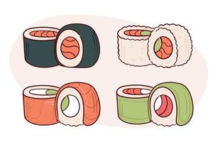 Zeichnen Sie Sushi-Rollen-Vektor-Illustration. japanisches asiatisches traditionelles essen, kochen, menükonzept. Doodle-Cartoon-Stil. vektor