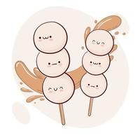 dra rolig söt japan tradition ljuv mitarashi dango med ljuv sås vektor illustration. japansk asiatisk traditionell mat, matlagning, meny begrepp. klotter tecknad serie stil.