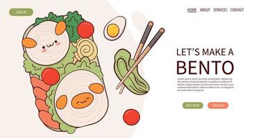 webseite zeichnen lustige kawaii bento box hausmannskost zum mitnehmen mahlzeit zubereitung vektorillustration. japanisches asiatisches traditionelles essen, kochen, menükonzept. Banner, Website, Werbung im Doodle-Cartoon-Stil. vektor