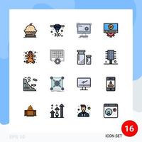 modern uppsättning av 16 platt Färg fylld rader pictograph av kaka miljö kommando spela framsteg redigerbar kreativ vektor design element