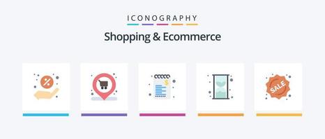 Shopping und E-Commerce Flat 5 Icon Pack inklusive Sale. Abzeichen. aufführen. Einkaufen. Stunde. kreatives Symboldesign vektor